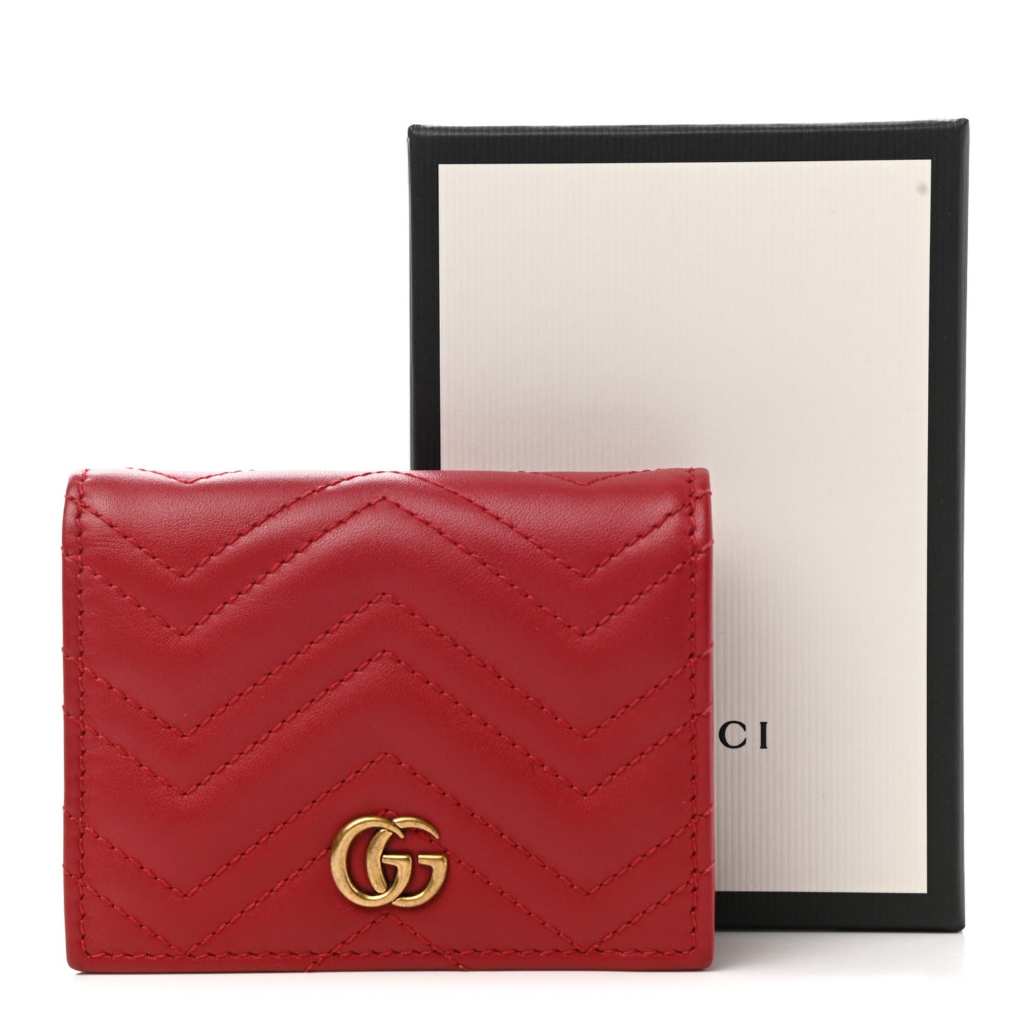 Calfskin Matelasse GG Marmont Card Case Wallet Hibiscus Red