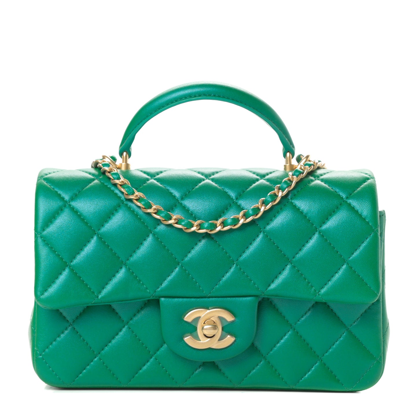 Iridescent Lambskin Quilted Mini Top Handle Rectangular Flap Green