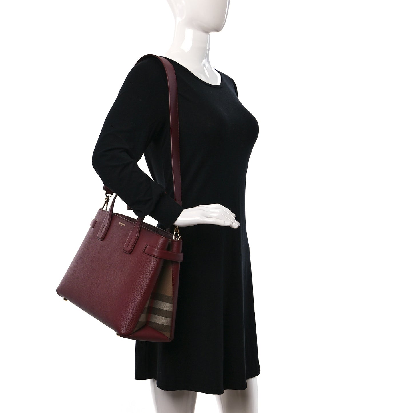 Grainy Calfskin House Check Small Banner Tote Mahogany Red