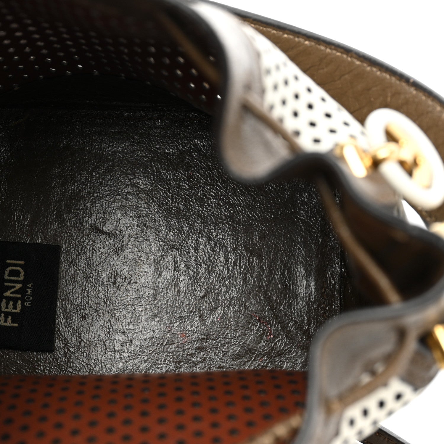 Fendi Vitello Liberty Glossy Lambskin F is Fendi Perforated Mini Mon Tresor Bucket Bag White Ice Rust Maya 5 of 14