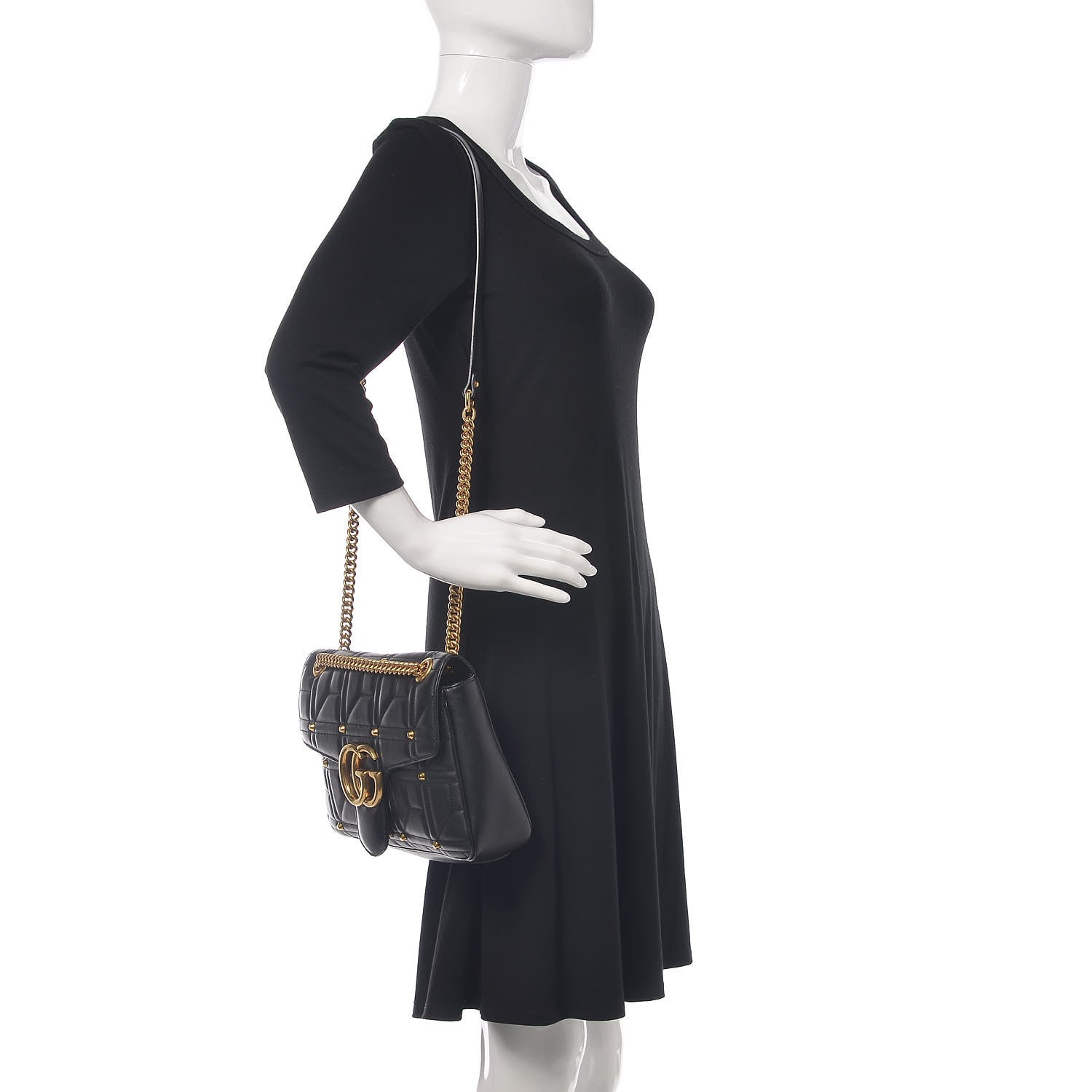 Gucci Calfskin Matelasse Studded Medium GG Marmont Shoulder Bag Black 2 of 12
