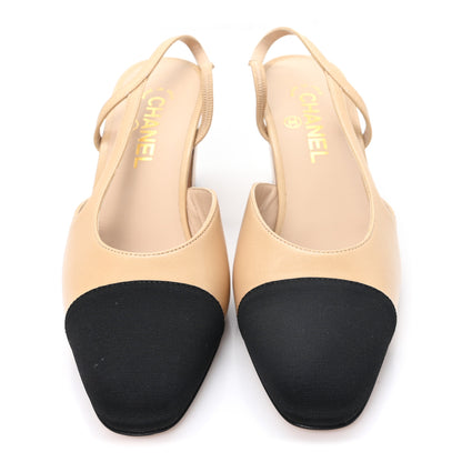 Chanel Goatskin Grosgrain Cap Toe CC Slingback Pumps 40 Beige Black 3 of 9