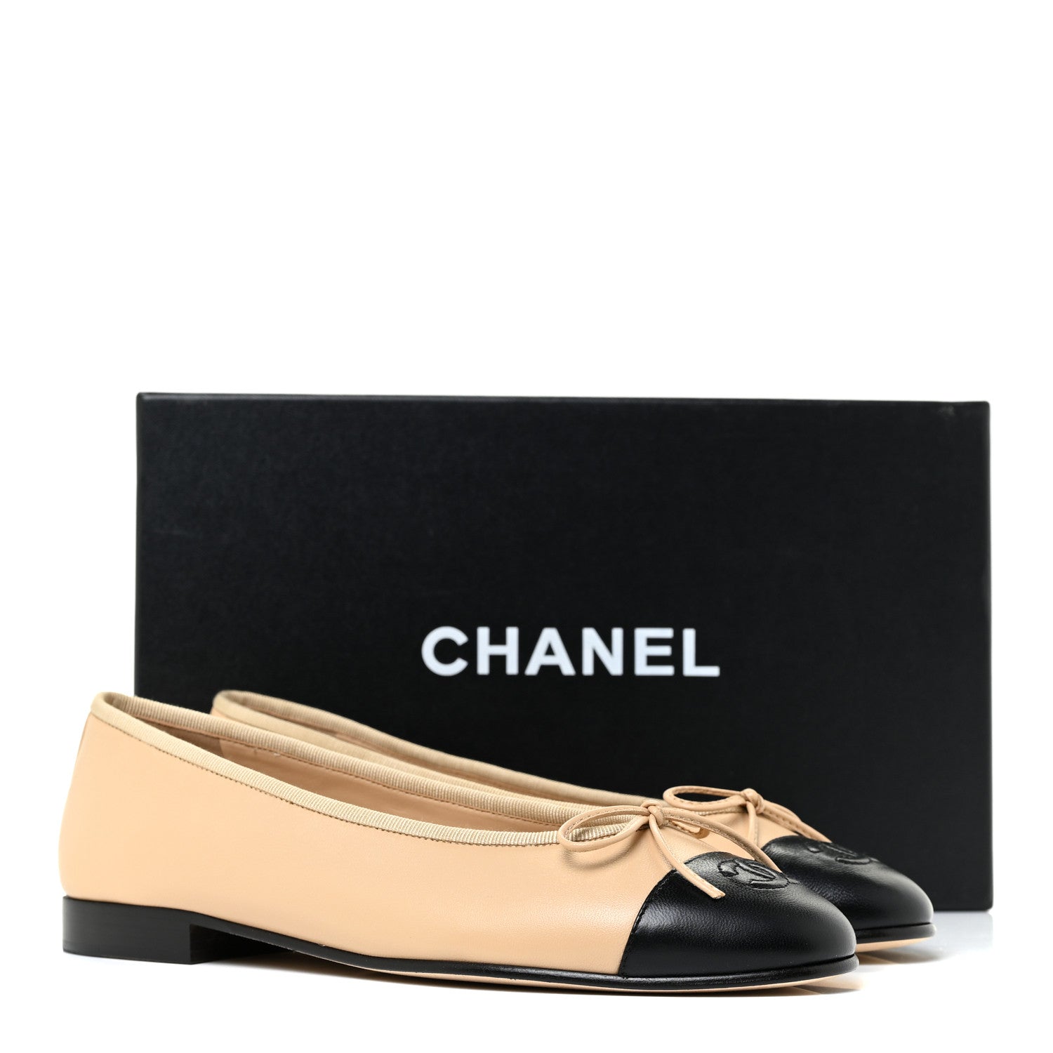 Chanel Lambskin Cap Toe CC Ballerina Flats 38 Beige Black 8 of 8