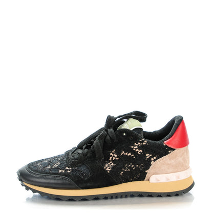 Valentino Garavani Macrame Lace Suede Womens Rockrunner Sneakers 38 Black 1 of 8