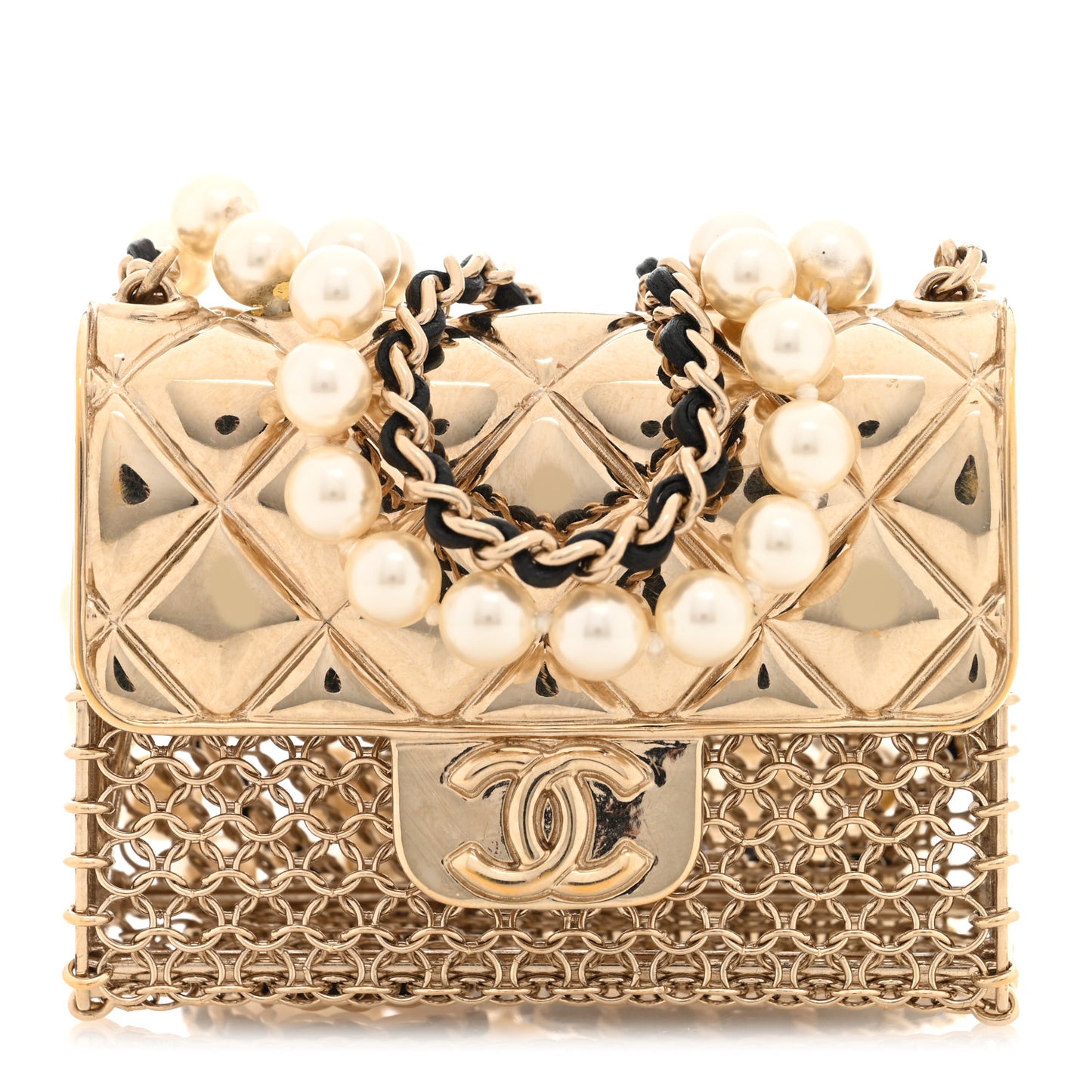 Metal Lambskin Pearl Chain Flap Bag Long Necklace Gold Black Pearly White