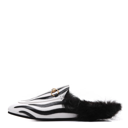 Gucci Malaga Kid Fur Zebra Inlay Womens Princetown Slippers 37 Mystic White Black 1 of 9