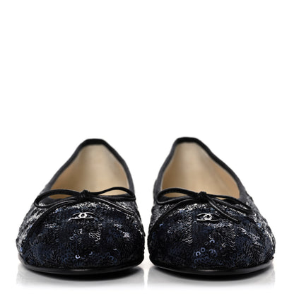 Chanel Tweed Sequin Cap Toe Ballerina Flats 37 Black Blue 2 of 11