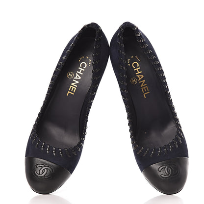 Chanel Suede Lambskin Cap Toe Pumps 39 Navy Black 7 of 13