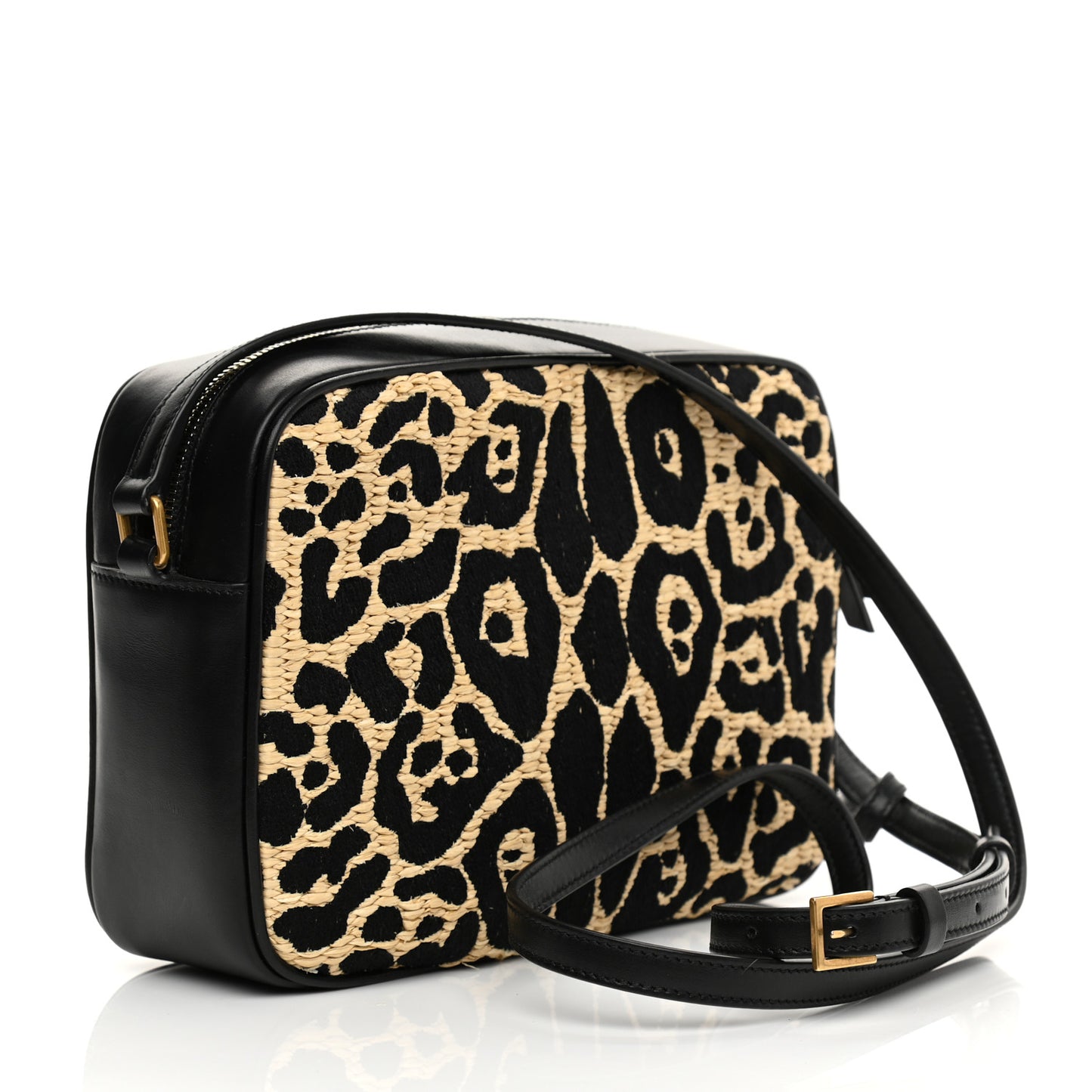 Raffia Calfskin Leopard Print Monogram Lou Camera Bag Natural Beige Black