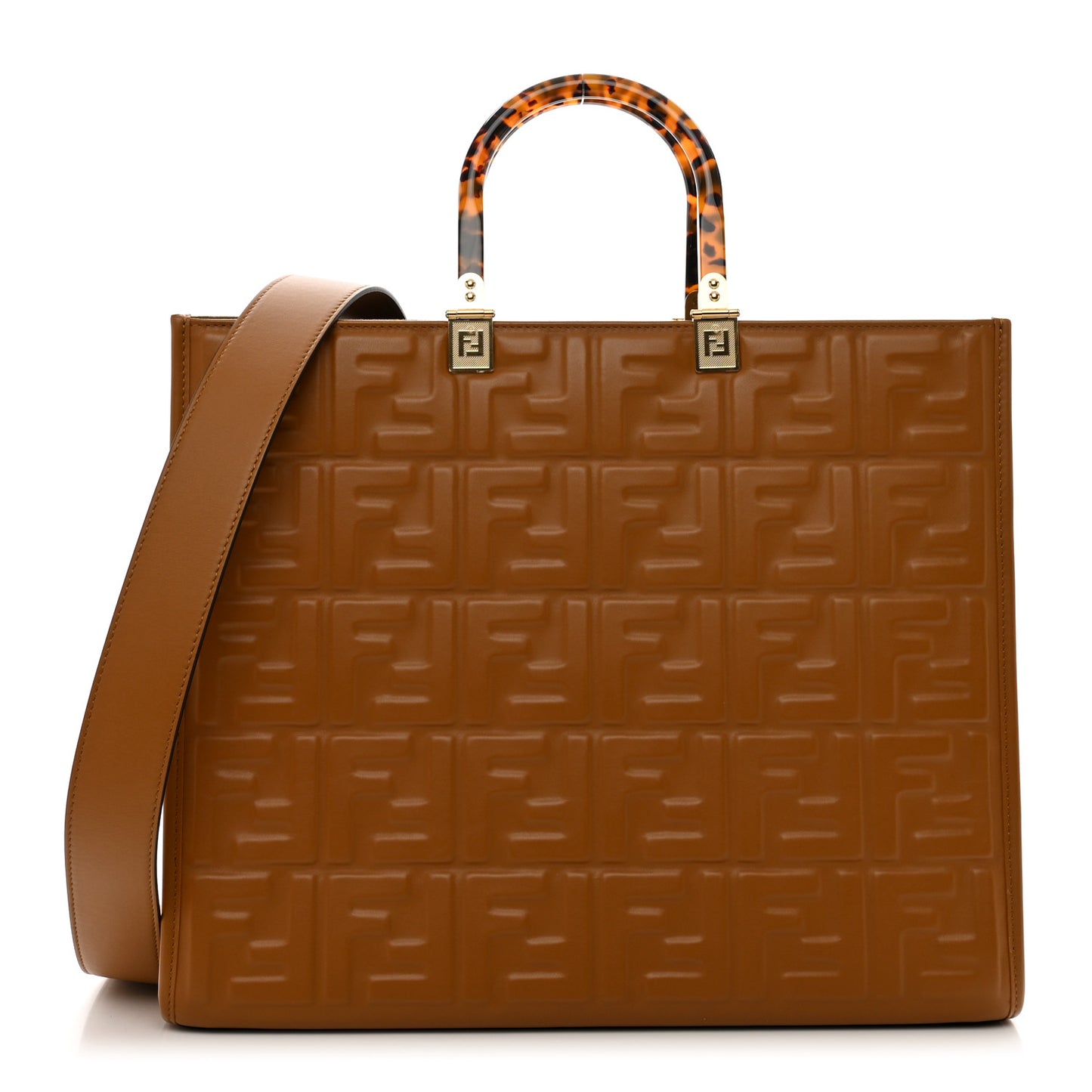 Vitello Plexiglass FF Embossed Medium Fendi Sunshine Shopper Tote Caramello