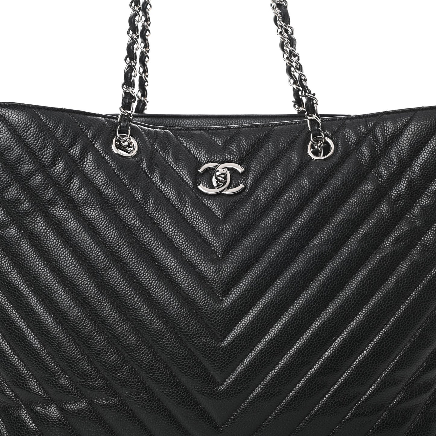 Caviar Chevron Quilted Large Shopping Tote Black