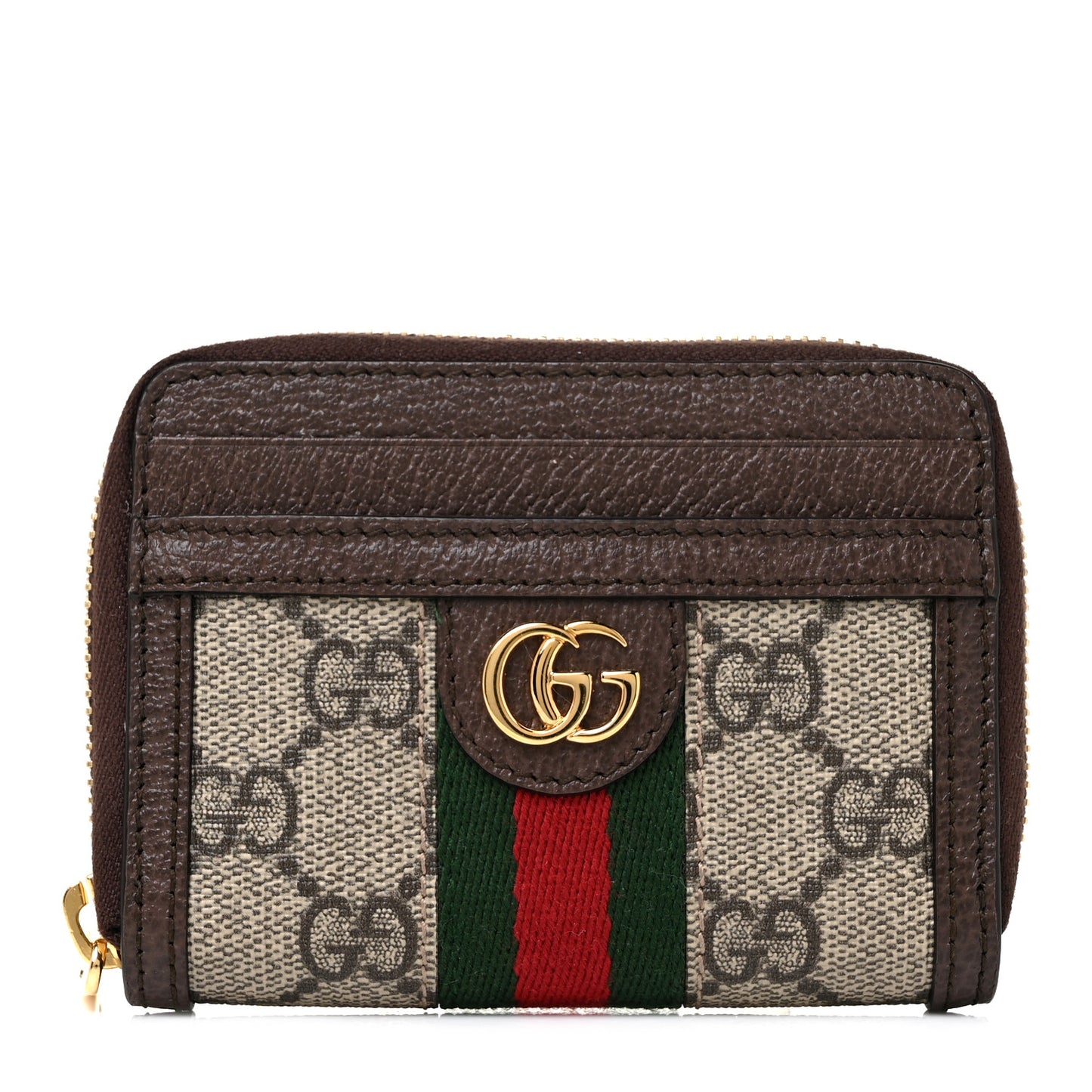 GG Supreme Monogram Textured Dollar Calfskin Web Ophidia Zip Around Card Case Wallet Beige Ebony New Acero