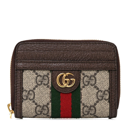 Gucci GG Supreme Monogram Textured Dollar Calfskin Web Ophidia Zip Around Card Case Wallet Beige Ebony New Acero 1 of 9