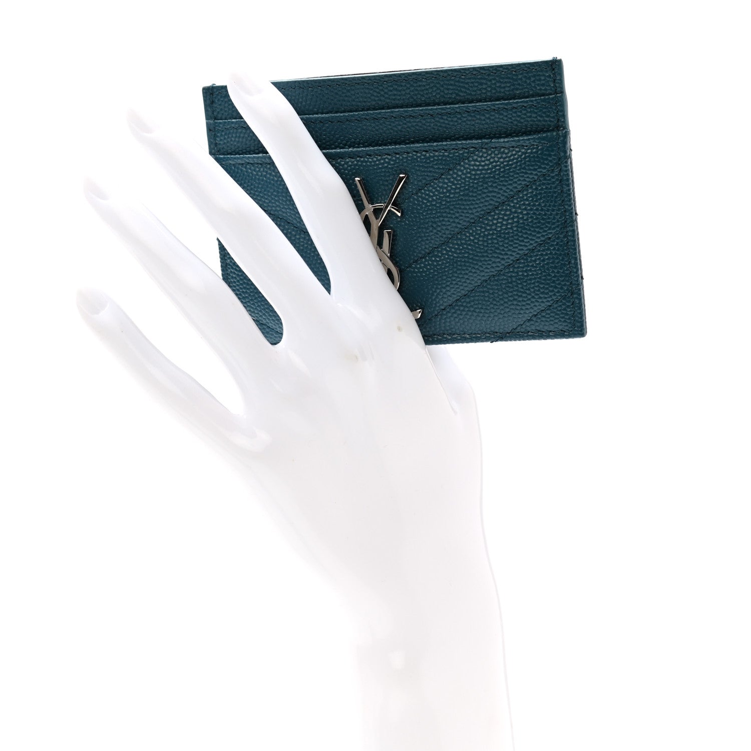 Saint Laurent Grain De Poudre Matelasse Chevron Monogram Credit Card Case Peacock Green 2 of 8