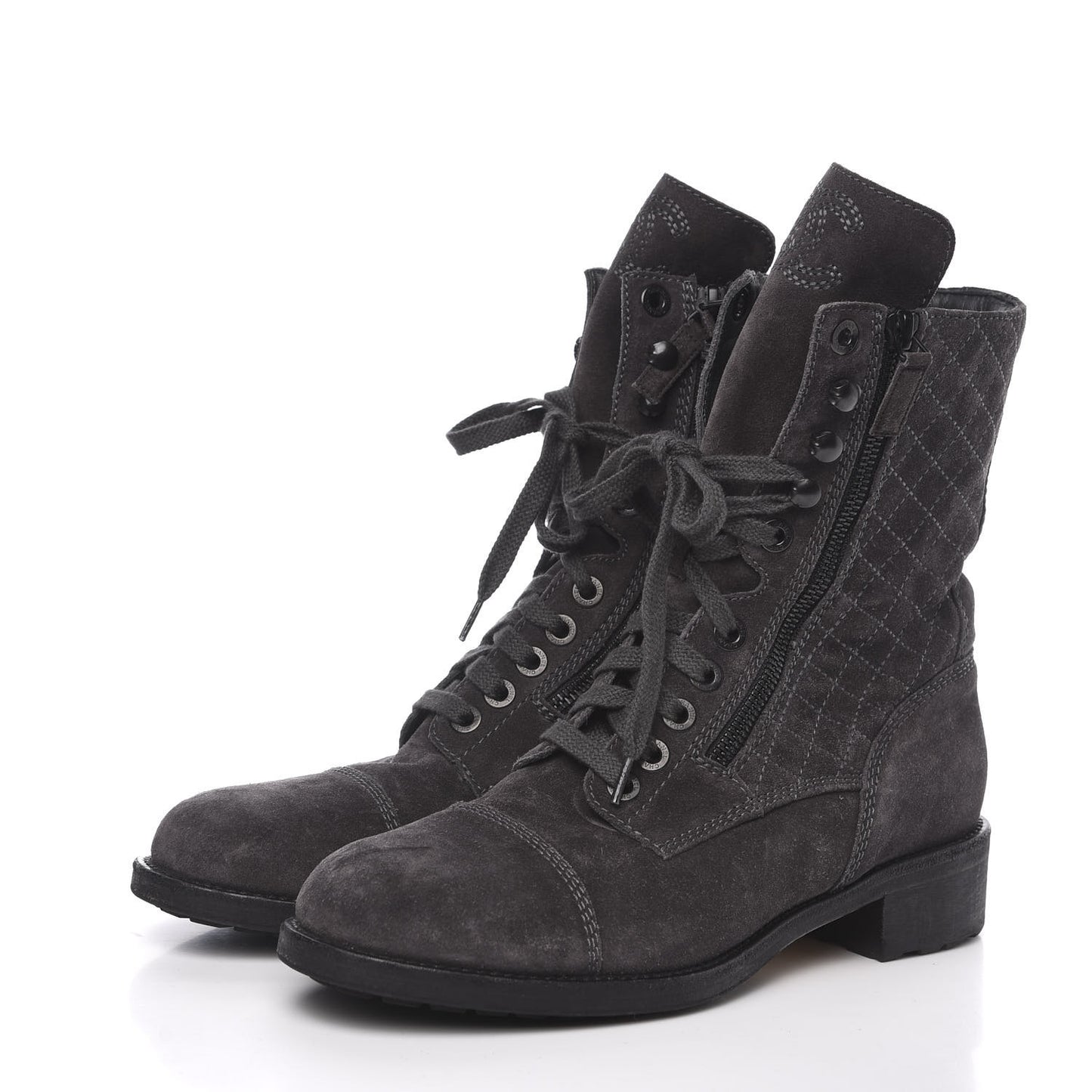 Suede Quilted CC Tall Lace Up Combat Boots 40.5 Grey