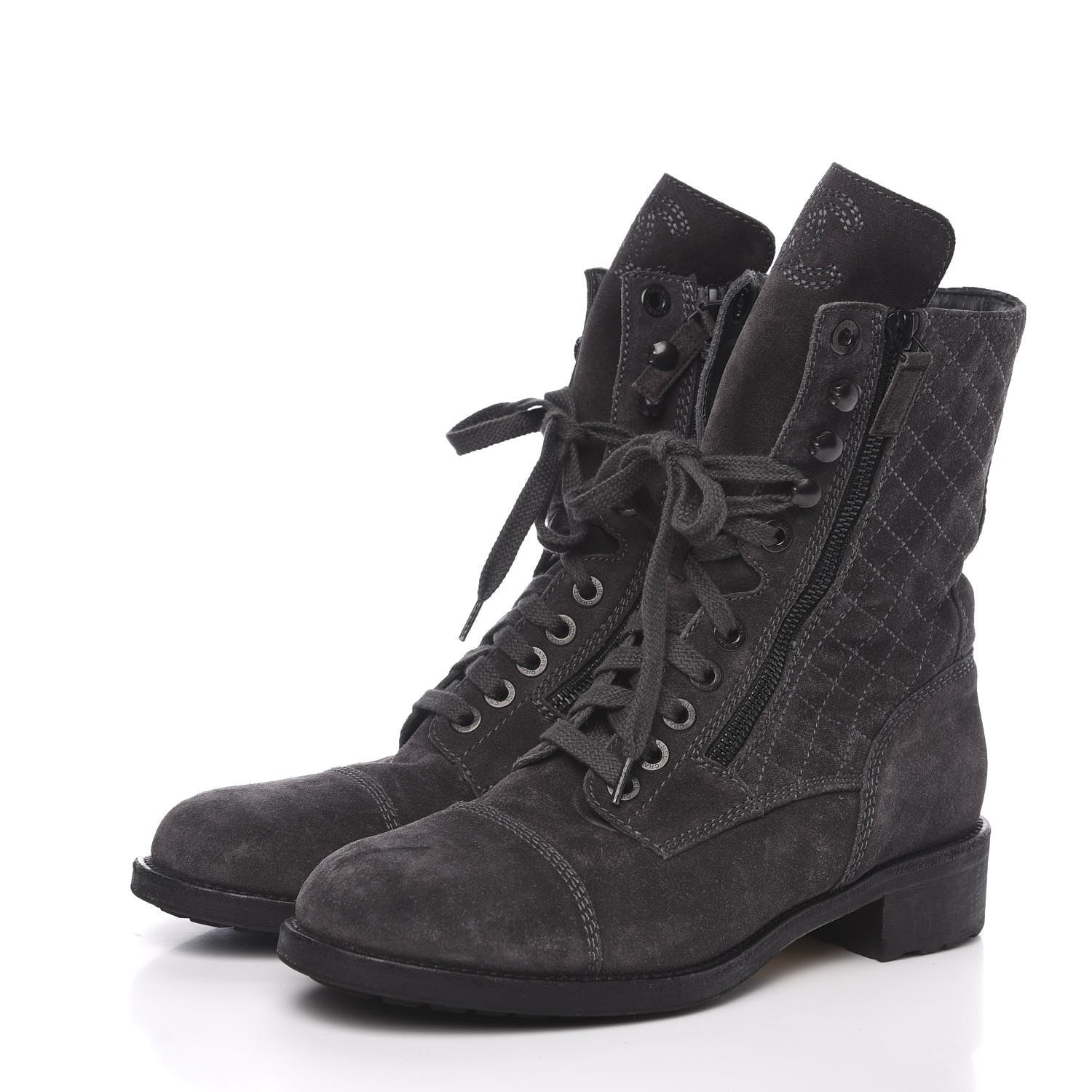 Chanel Suede Quilted CC Tall Lace Up Combat Boots 40.5 Grey 3 of 10
