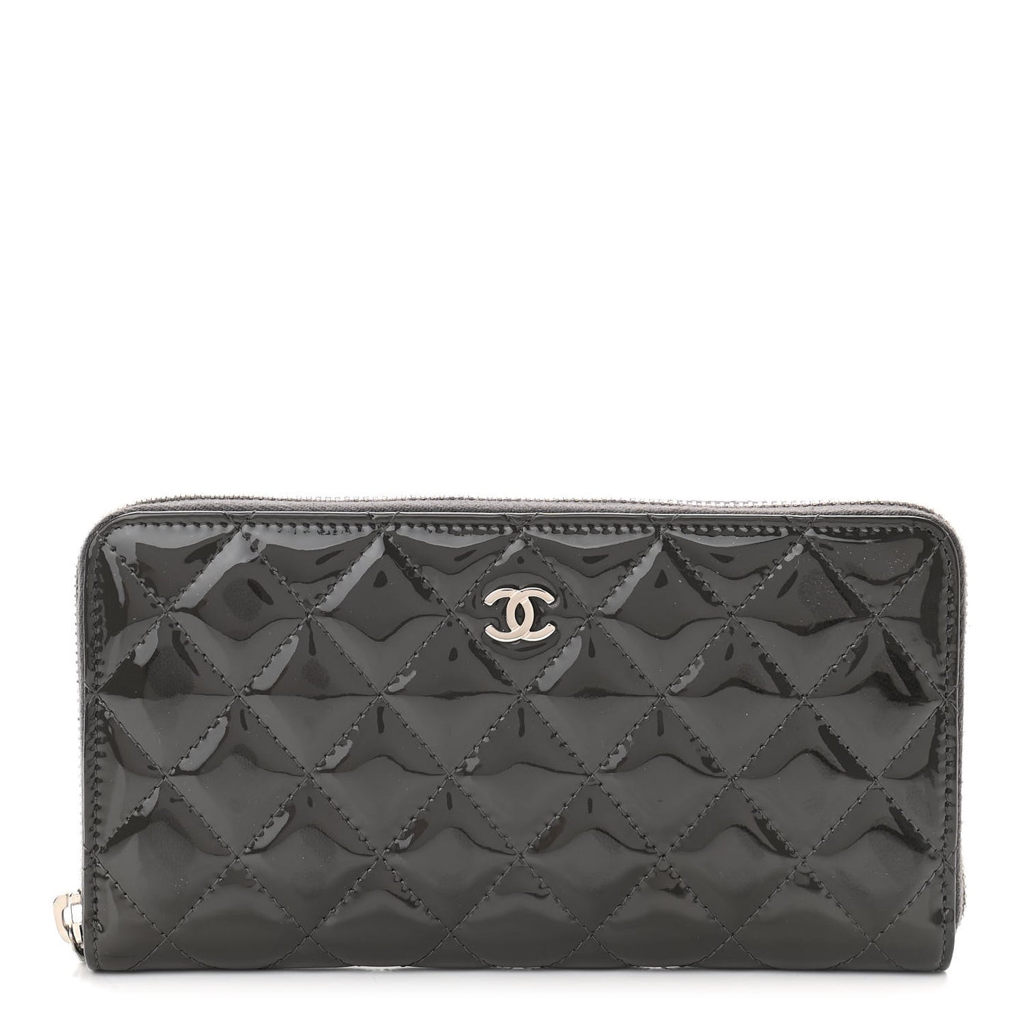 Patent Calfskin Zip Around Wallet Dark Grey