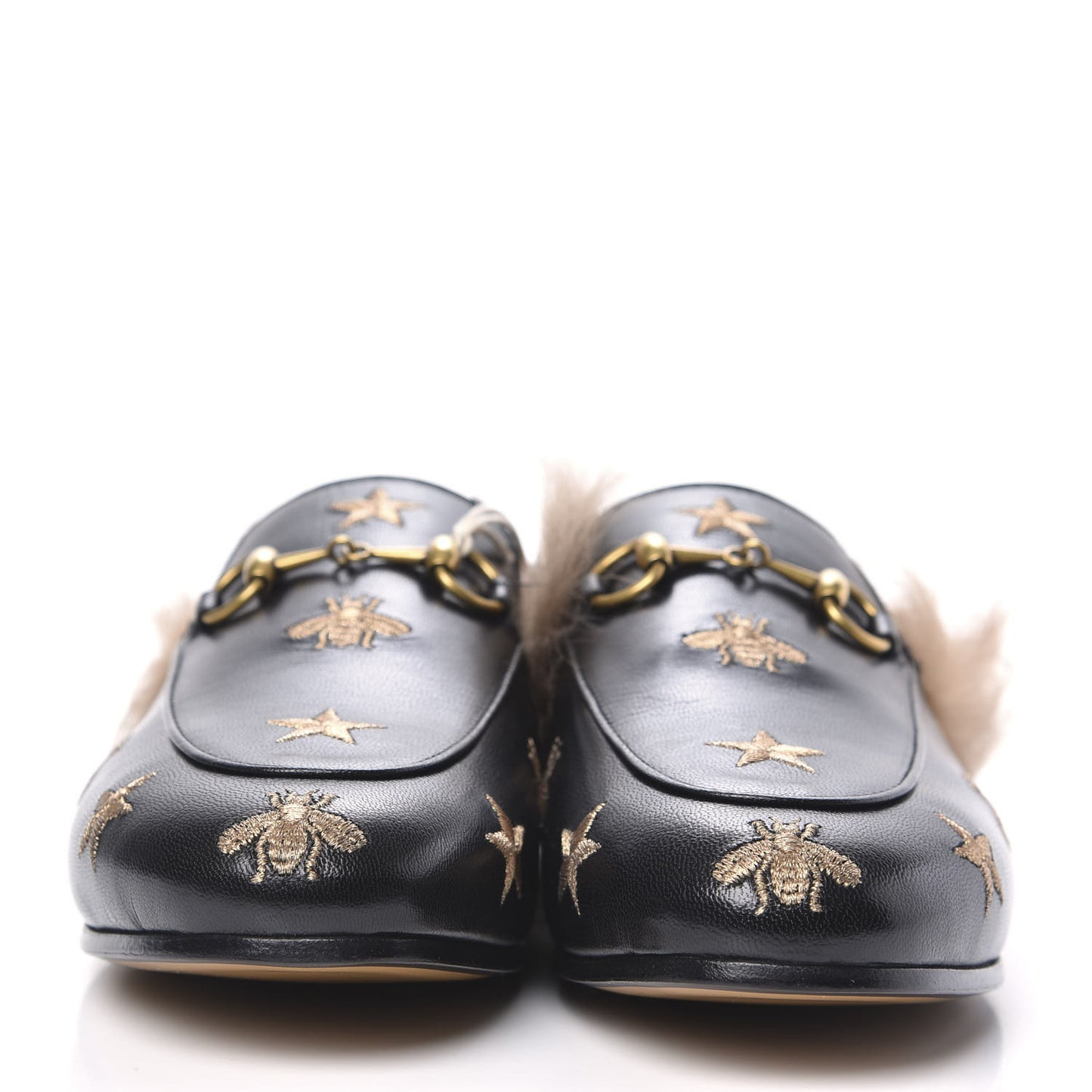 Goatskin Fur Bee Star Embroidered Womens Princetown Slippers 37 Black