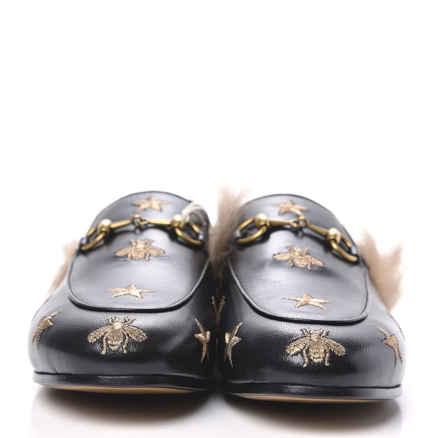 Gucci Goatskin Fur Bee Star Embroidered Womens Princetown Slippers 37 Black 2 of 8