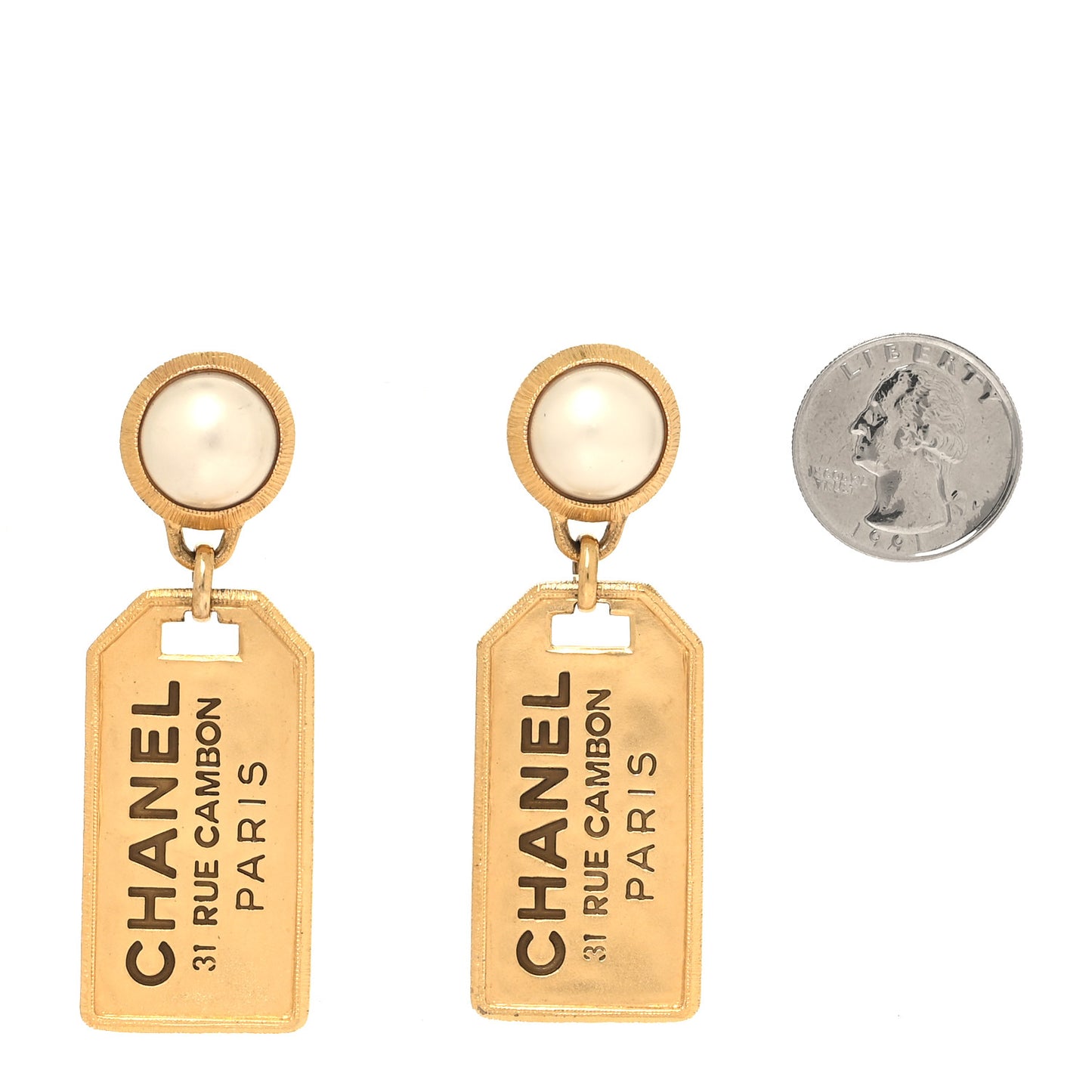 Pearl CC Tags Drop Earrings Gold