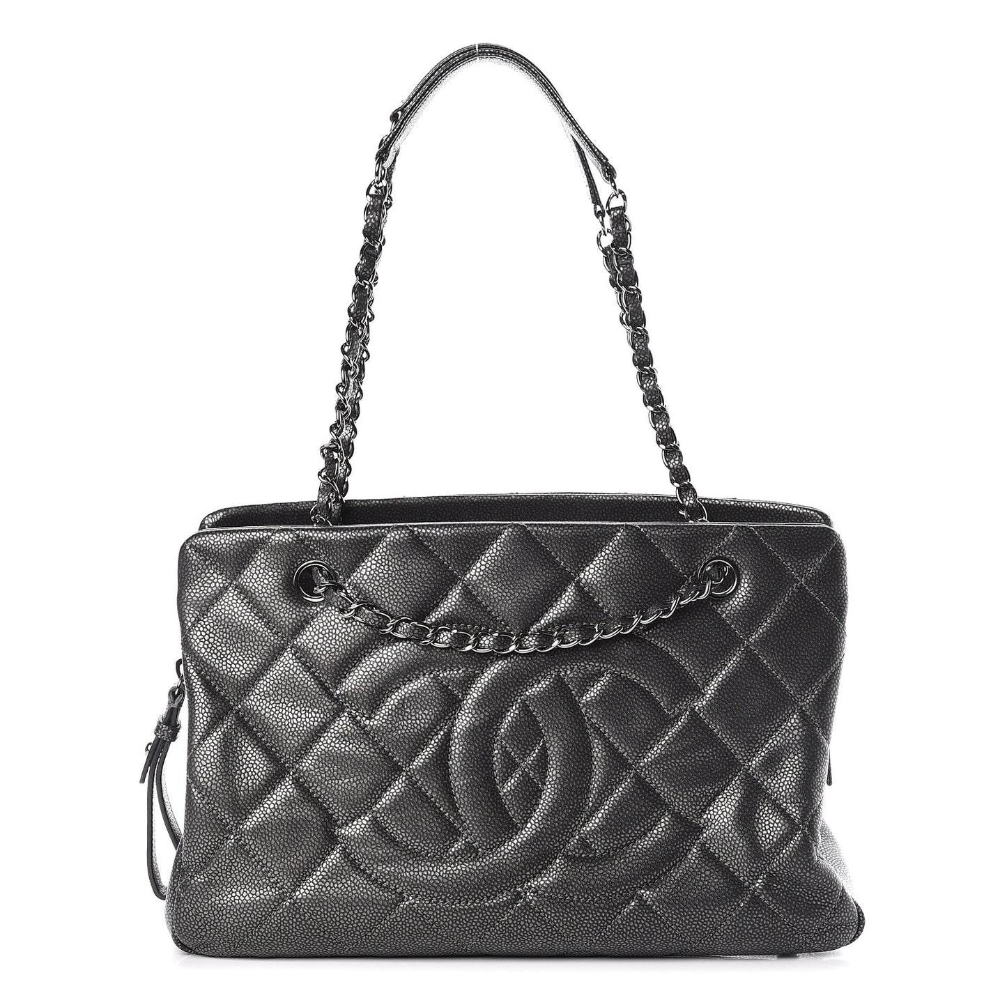 Metallic Caviar Quilted CC Tote Dark Silver
