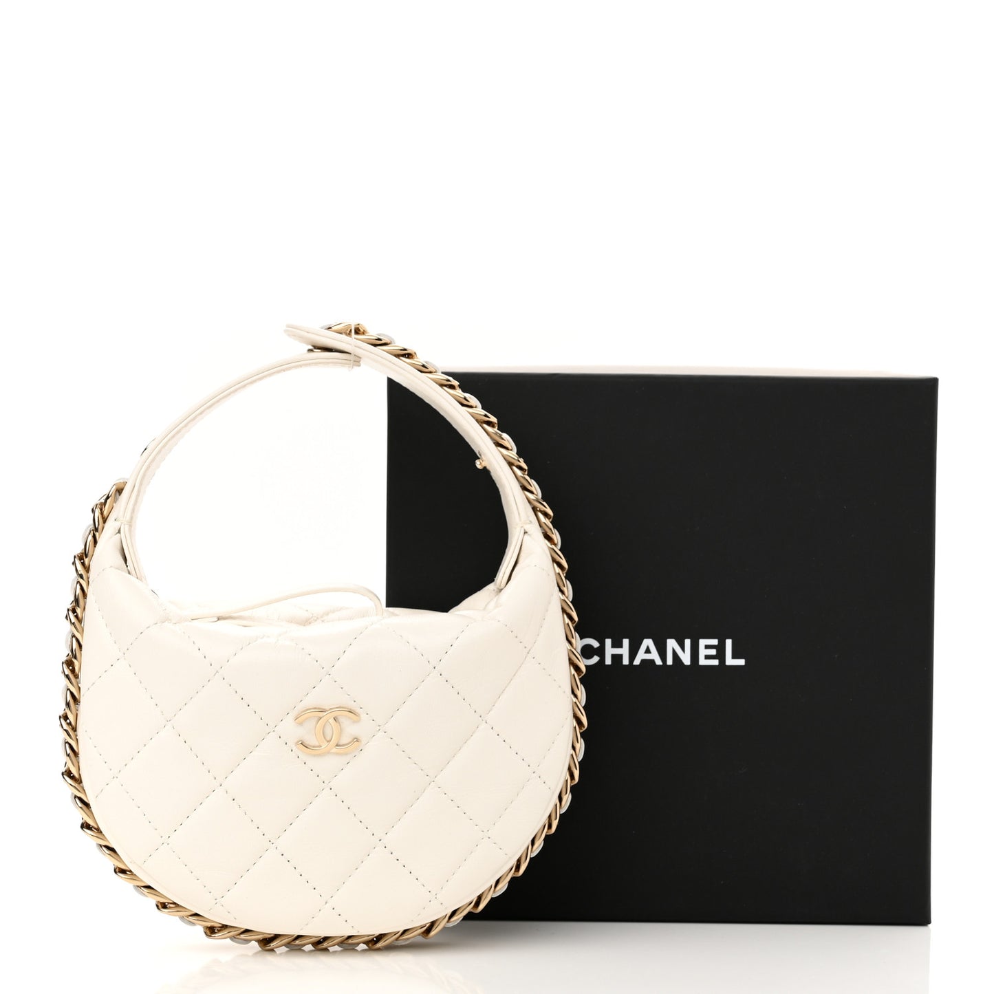 Lambskin Quilted Chain Around Pouch Hobo White