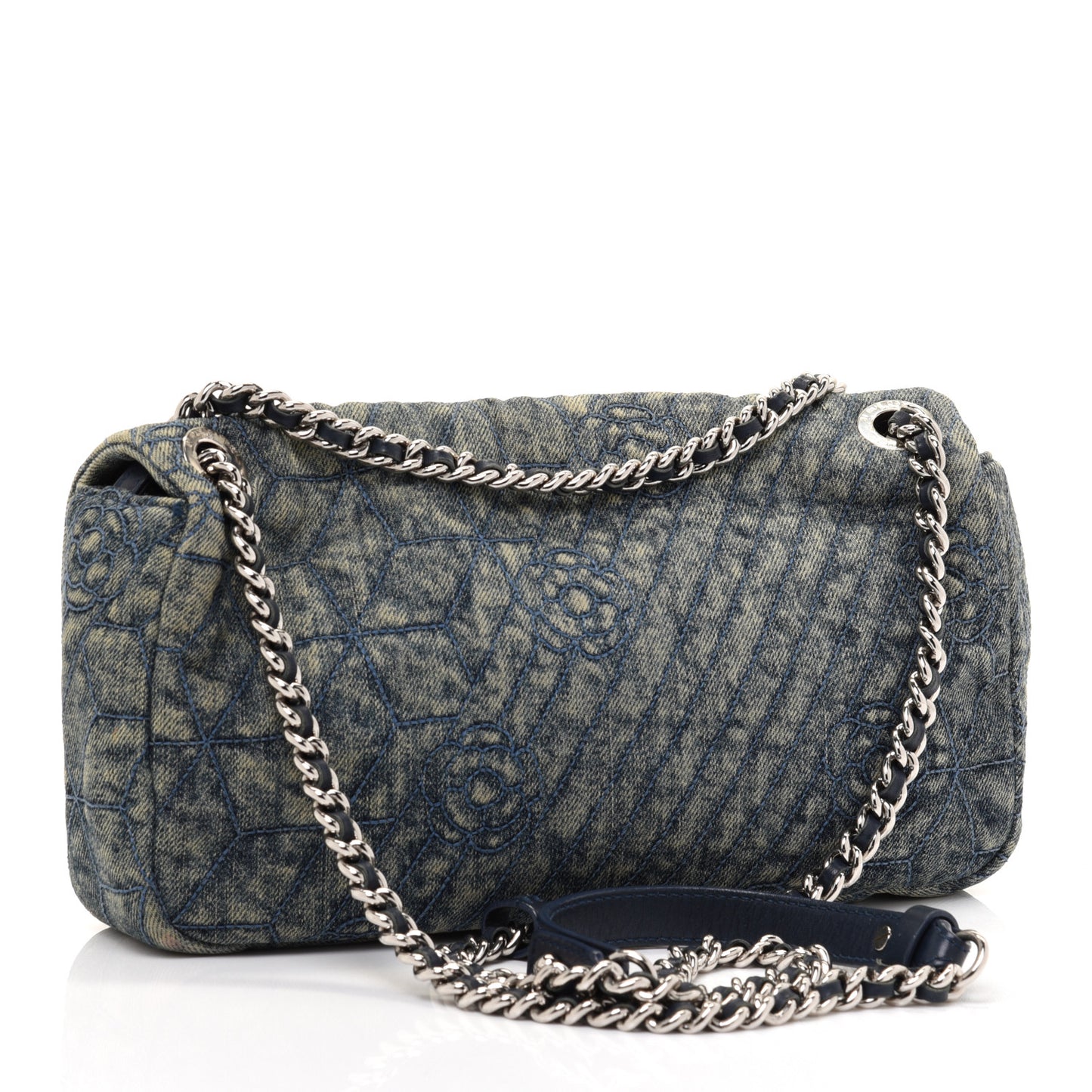 Denim Quilted Camellia Embroidered Medium Flap Blue