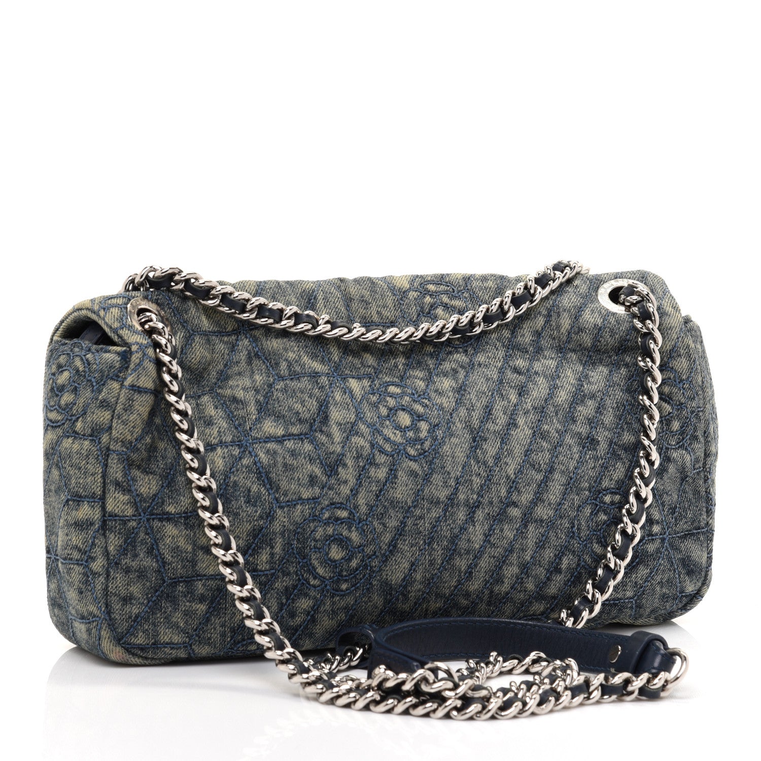 Chanel Denim Quilted Camellia Embroidered Medium Flap Blue 3 of 14