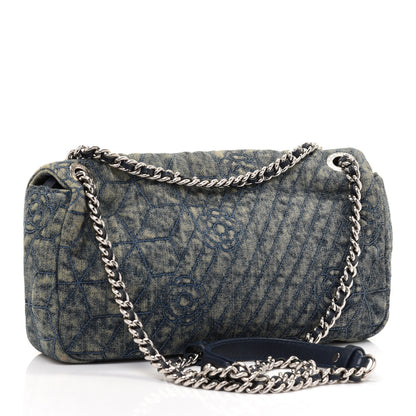 Chanel Denim Quilted Camellia Embroidered Medium Flap Blue 3 of 14