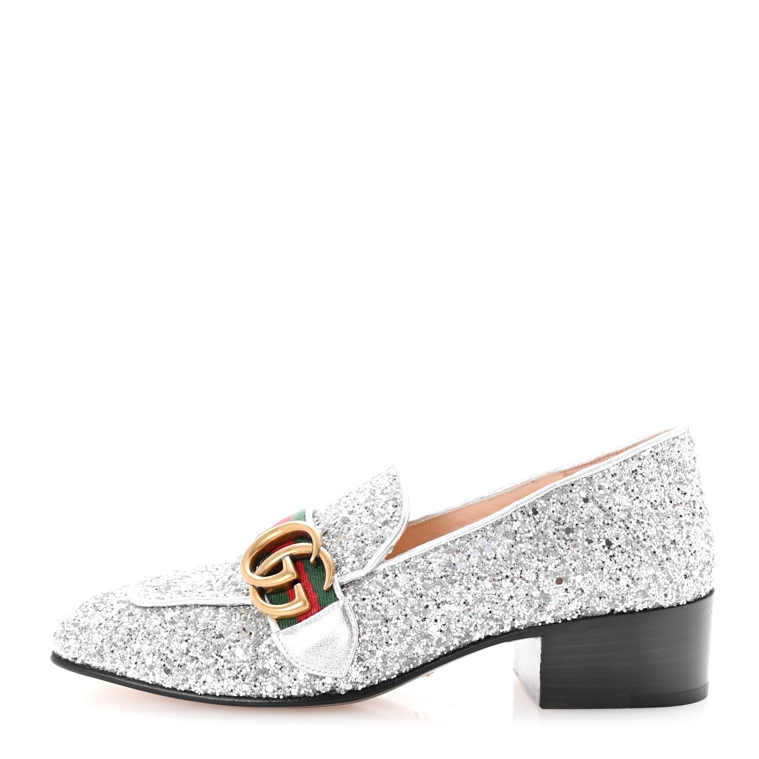 Gucci Glitter Web Peyton Loafers 35.5 Silver 1 of 9