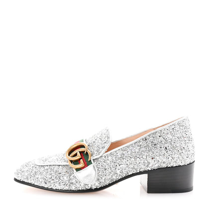 Gucci Glitter Web Peyton Loafers 35.5 Silver 1 of 9