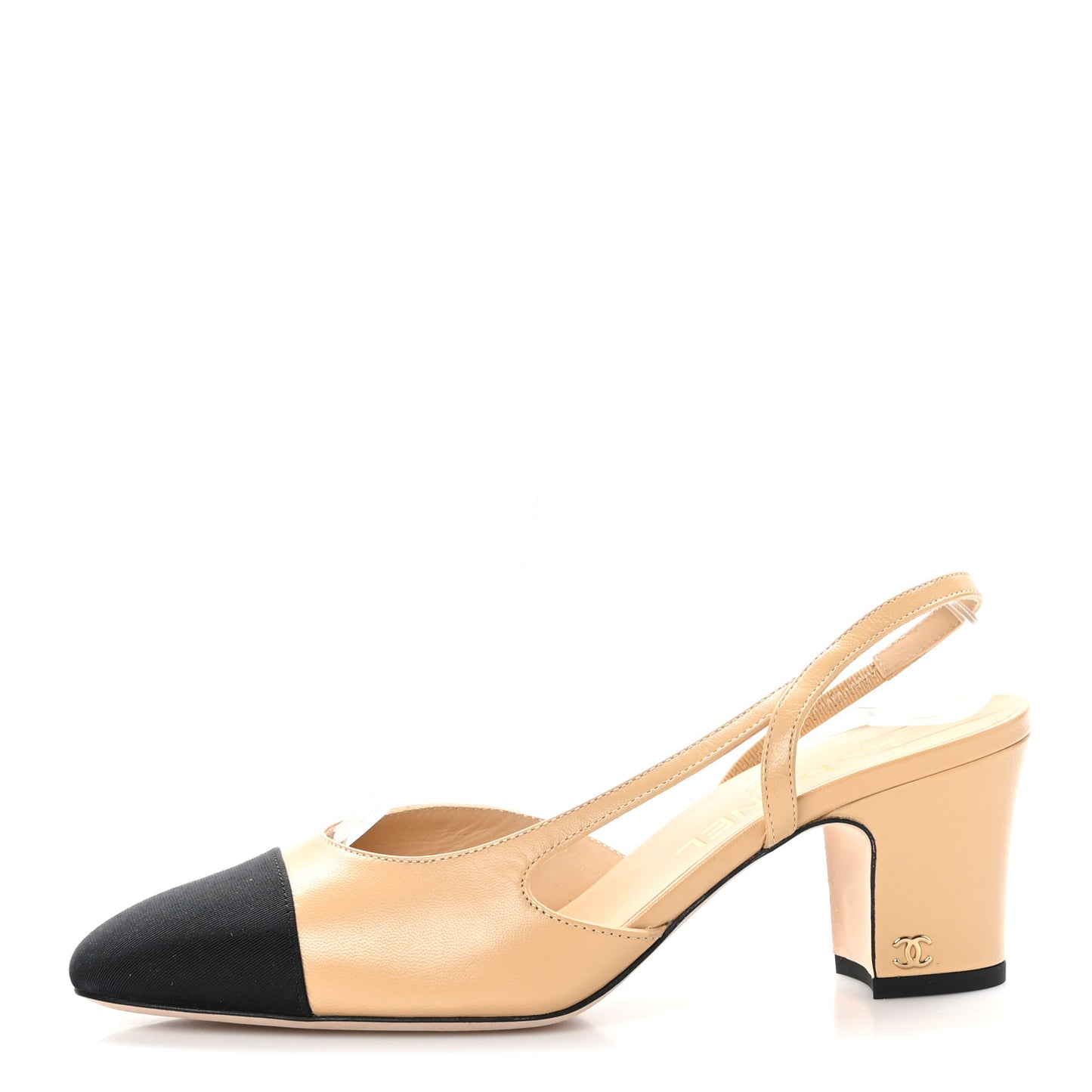 Goatskin Grosgrain Cap Toe CC Slingback Pumps 38 Beige Black
