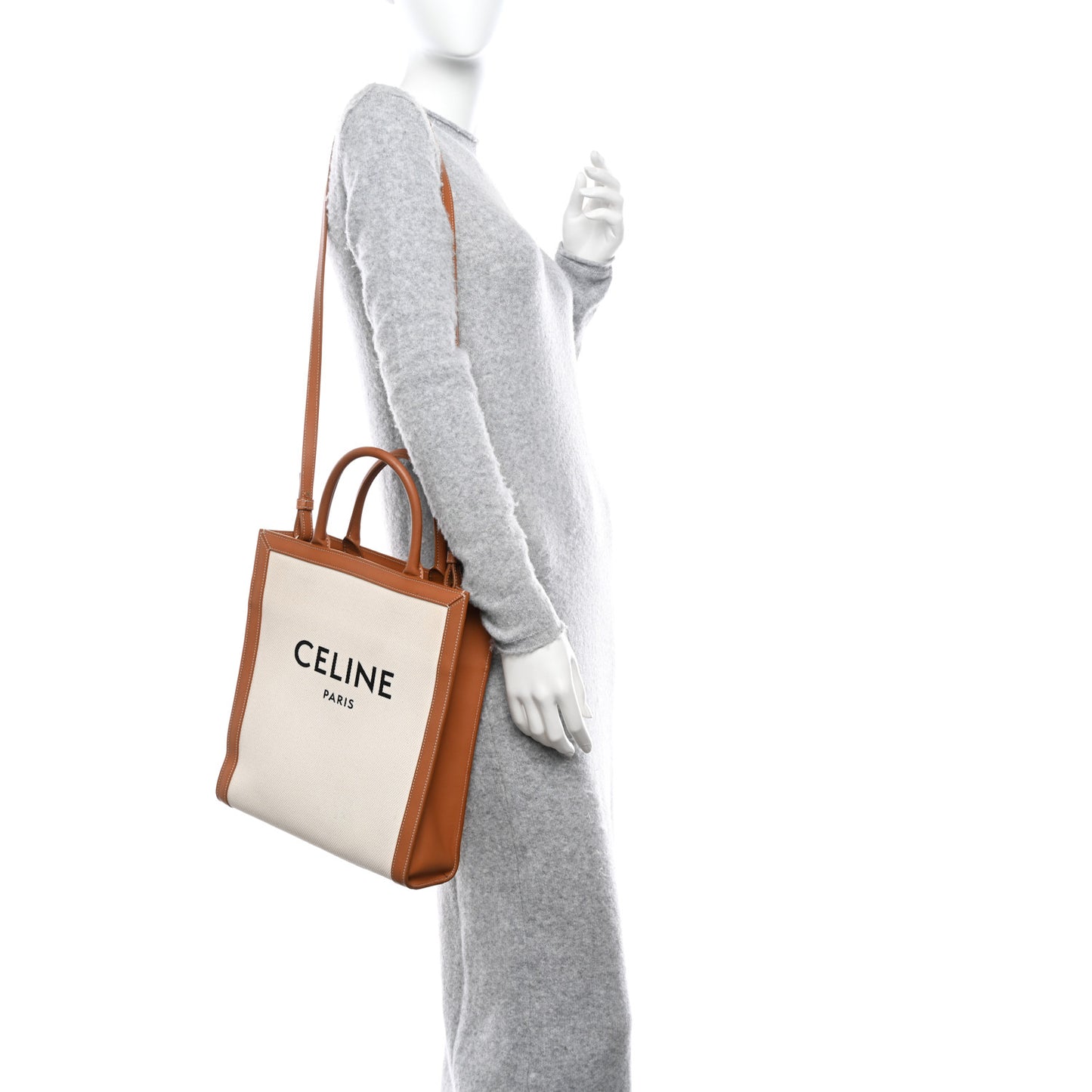 Canvas Calfskin Logo Print Small Vertical Cabas Natural Tan