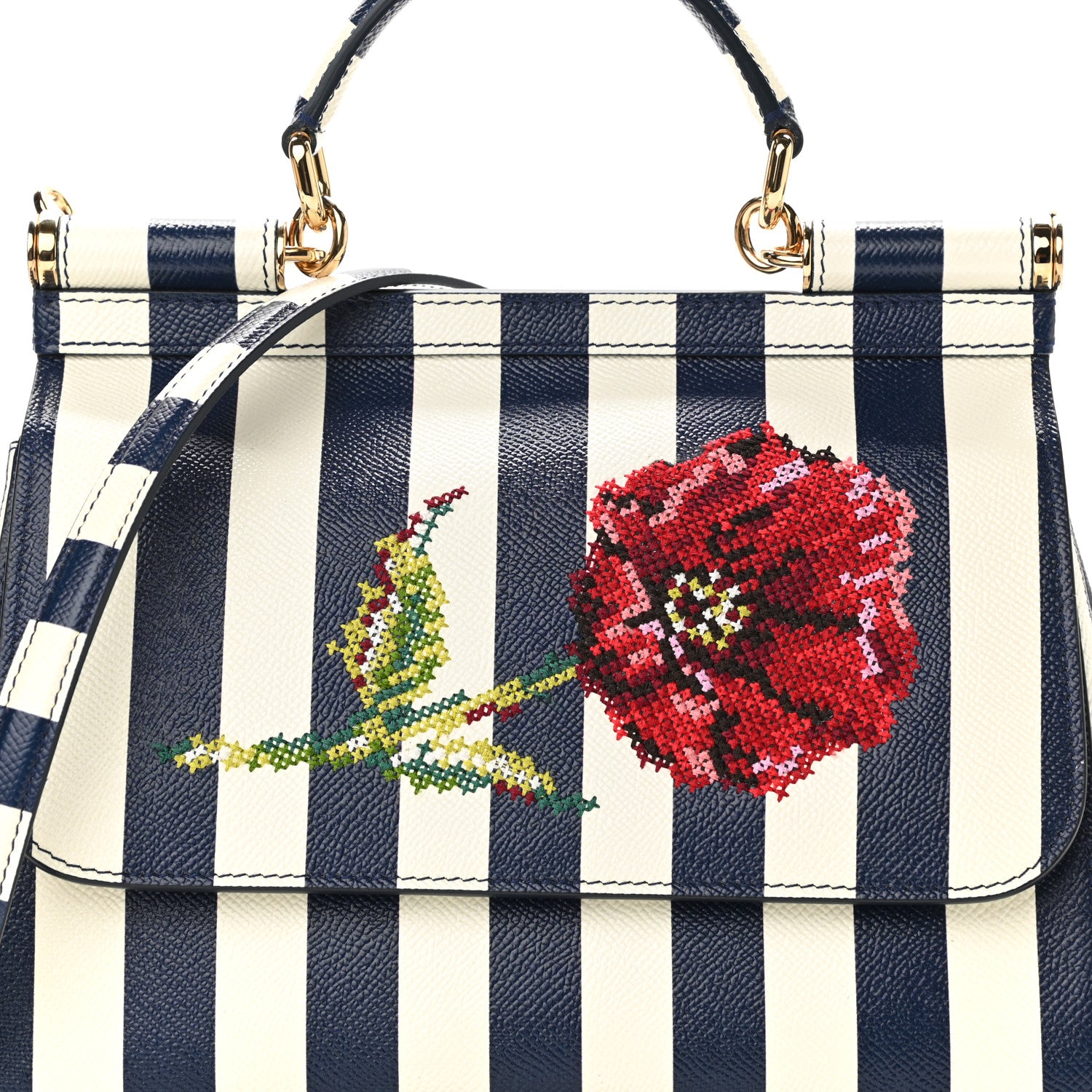 Dolce & Gabbana Dauphine Embroidered Striped Print Medium Miss Sicily Satchel White 7 of 9