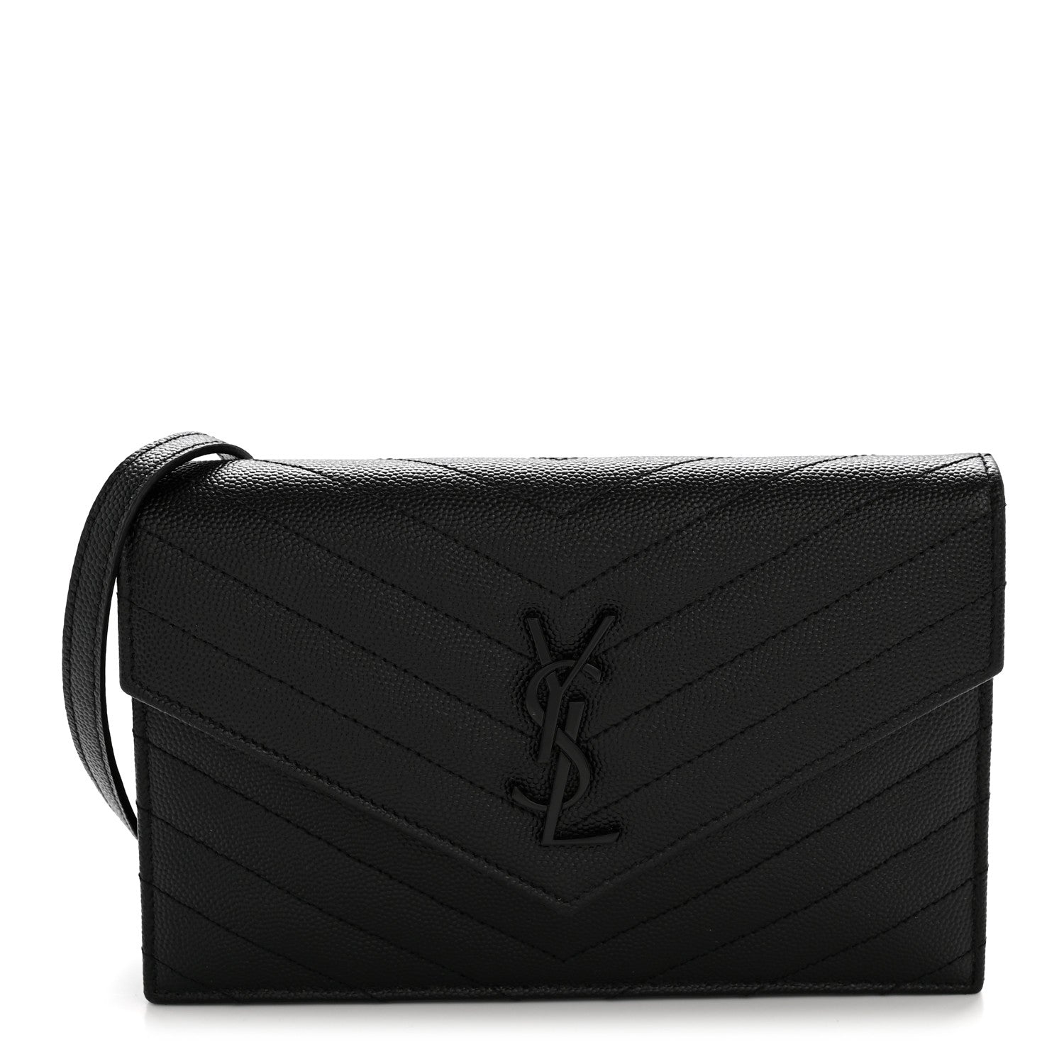 Saint Laurent Grain De Poudre Matelasse Chevron Monogram Monochrome Envelope Chain Wallet Black 1 of 13