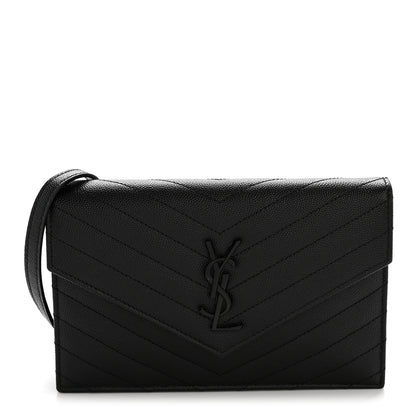 Saint Laurent Grain De Poudre Matelasse Chevron Monogram Monochrome Envelope Chain Wallet Black 1 of 13