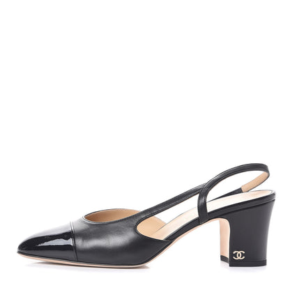 Chanel Lambskin Patent Cap Toe CC Slingback Sandals 38 Black 1 of 16