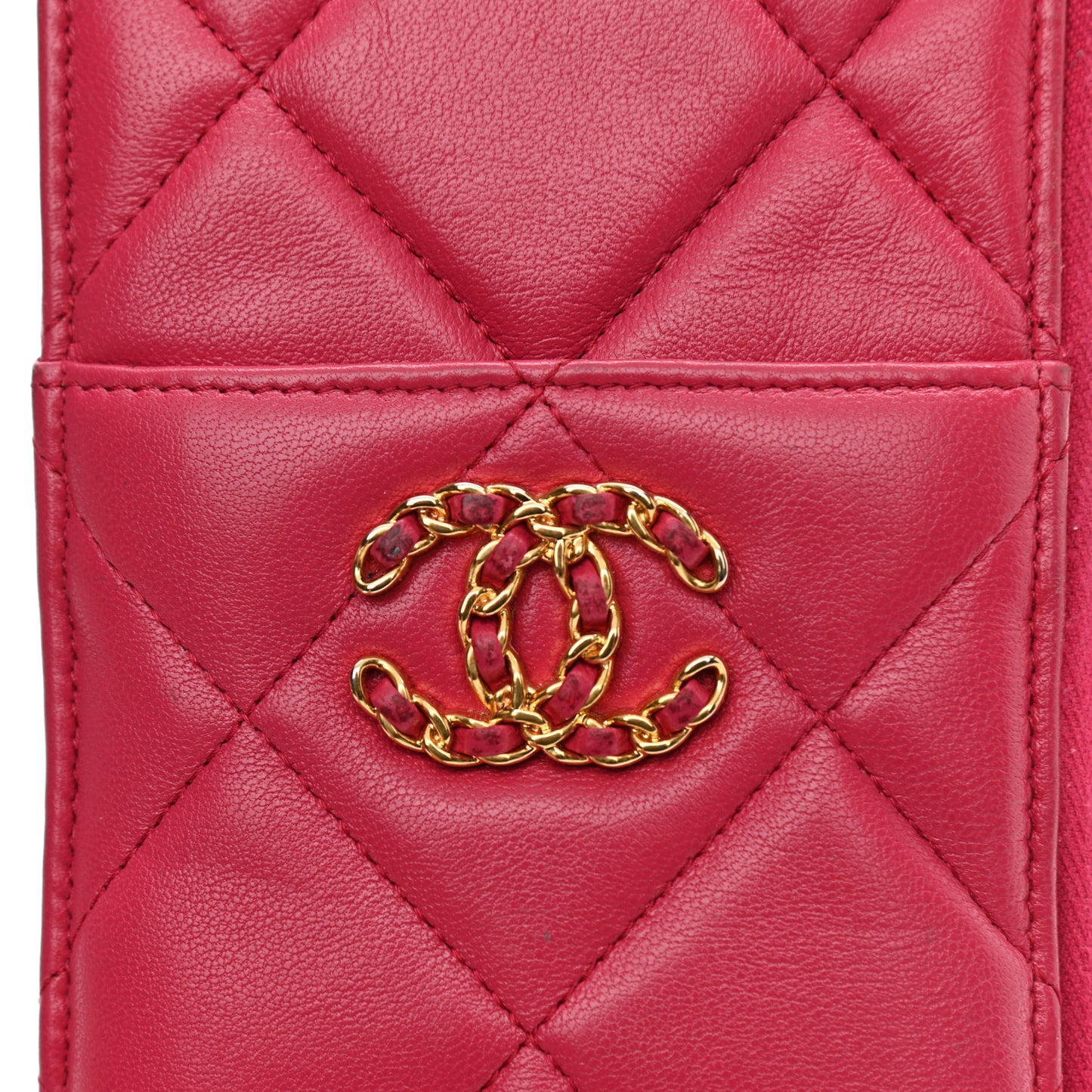 Shiny Goatskin Quilted Chanel 19 Phone and Card Holder Dark Pink