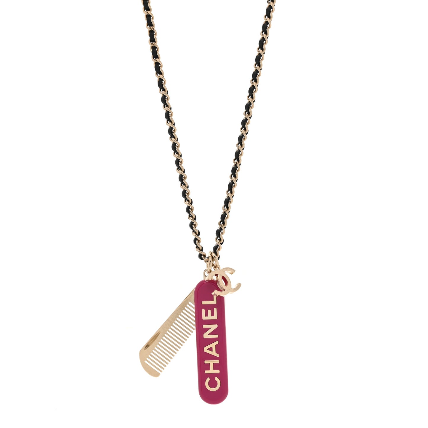 Metal Lambskin Chain CC Comb Necklace Gold Fuchsia Silver Black