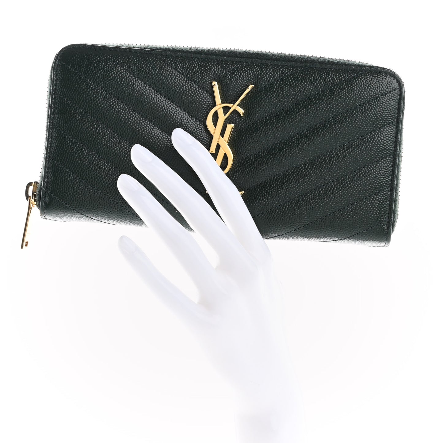 Grain De Poudre Matelasse Chevron Monogram Zip Around Wallet New Vert Fonce