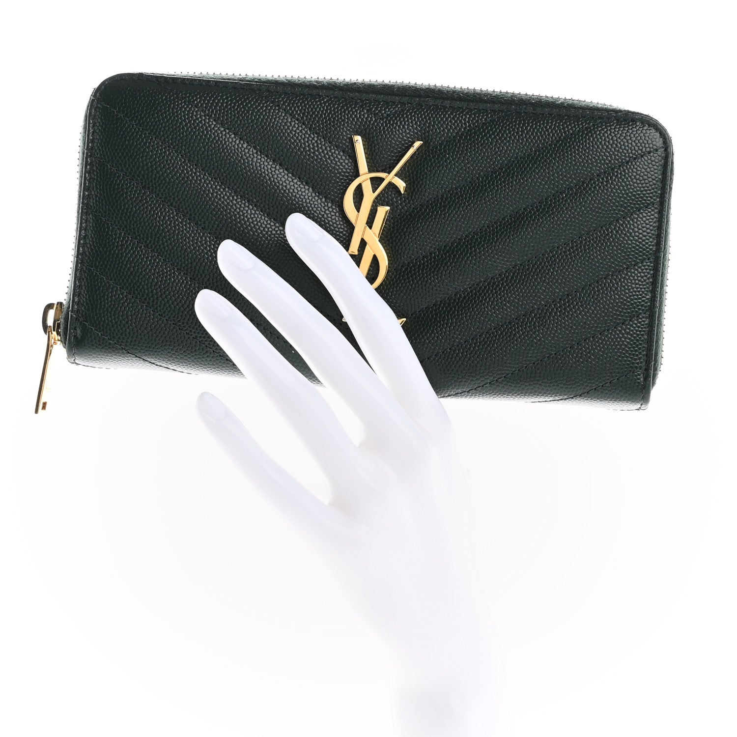 Saint Laurent Grain De Poudre Matelasse Chevron Monogram Zip Around Wallet New Vert Fonce 2 of 11