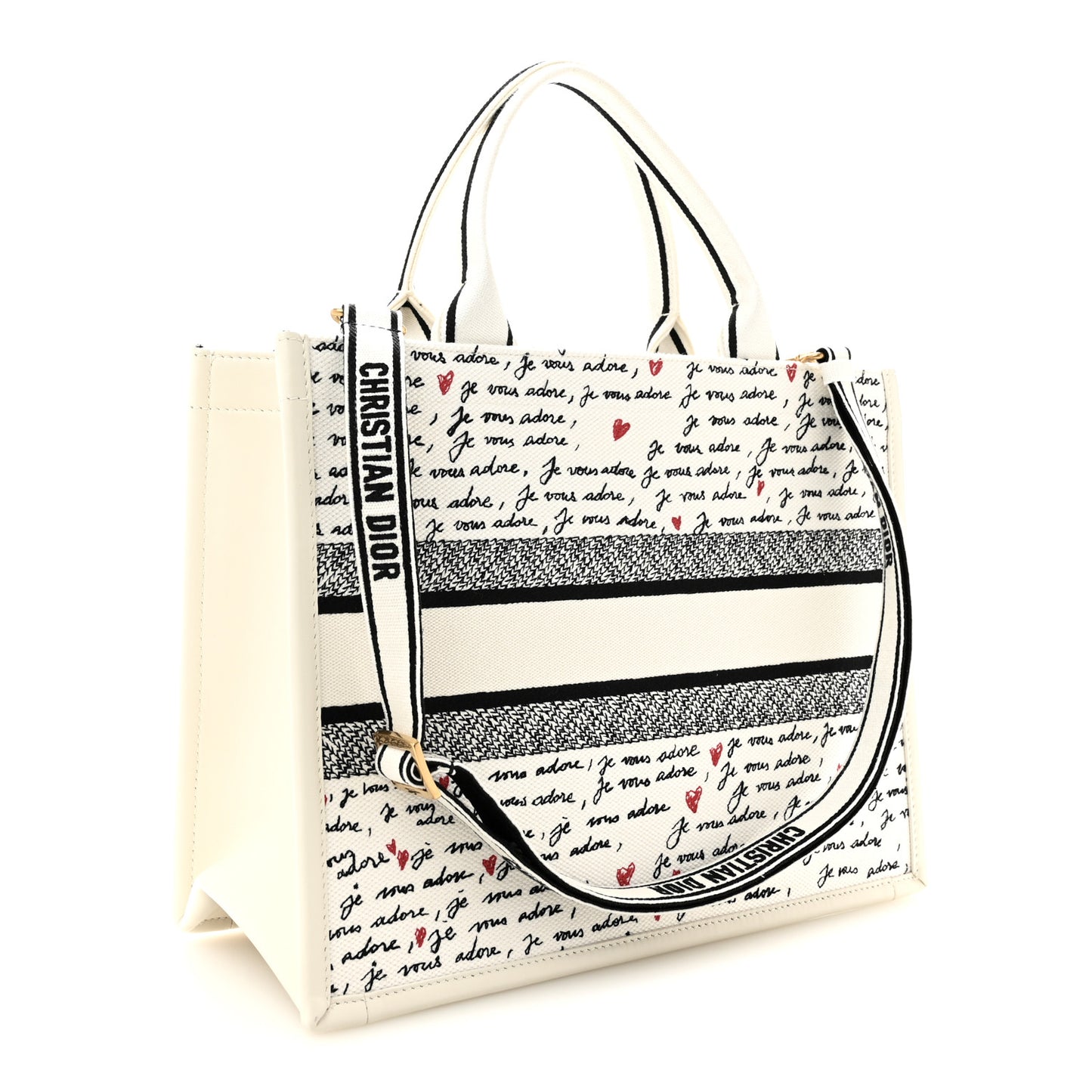 Calfskin Canvas Embroidered Medium Dioramour Je Vous Adore Book Tote With Strap White Black Red