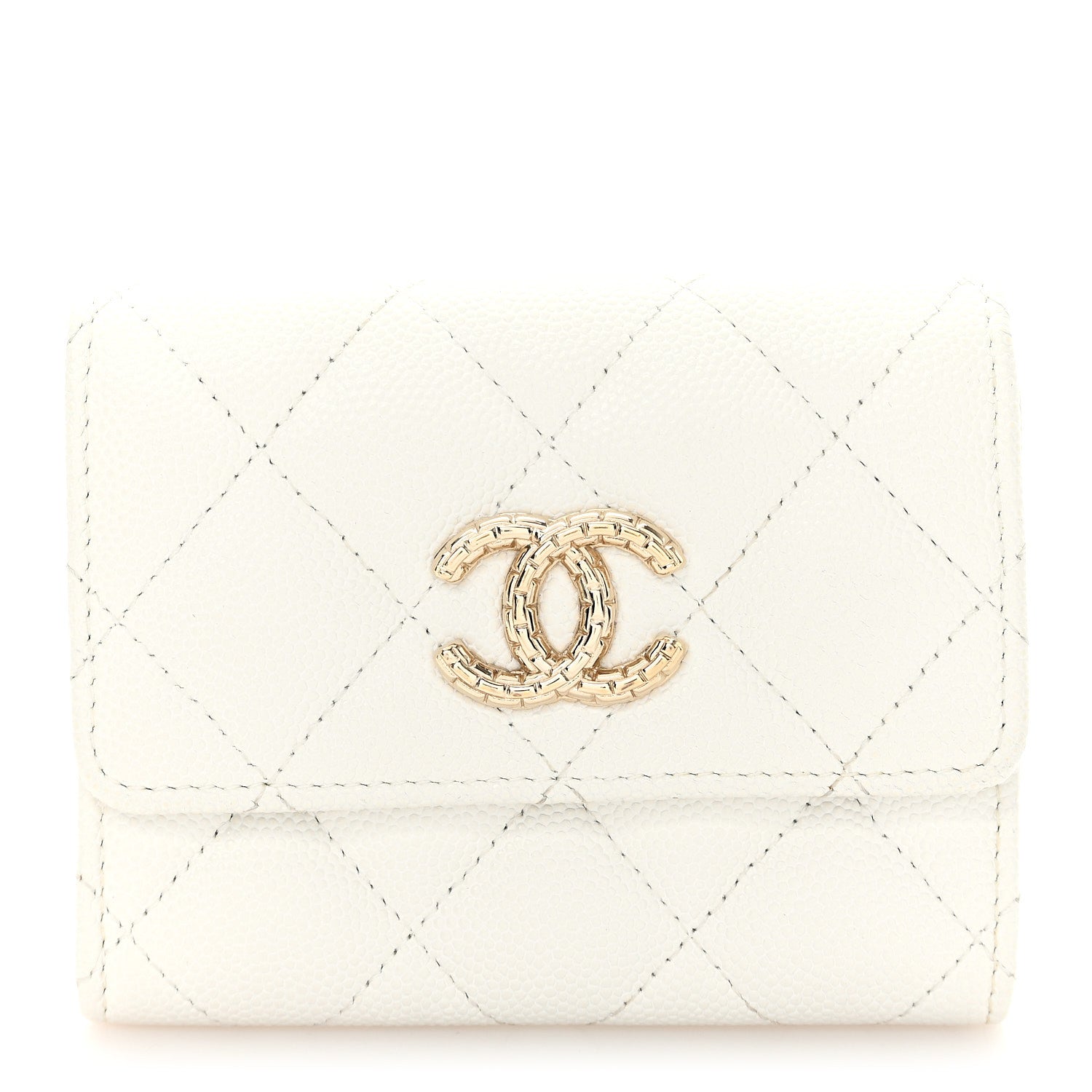 Chanel Caviar Quilted Chain CC Quilted Compact Flap Card Holder White 1 of 8