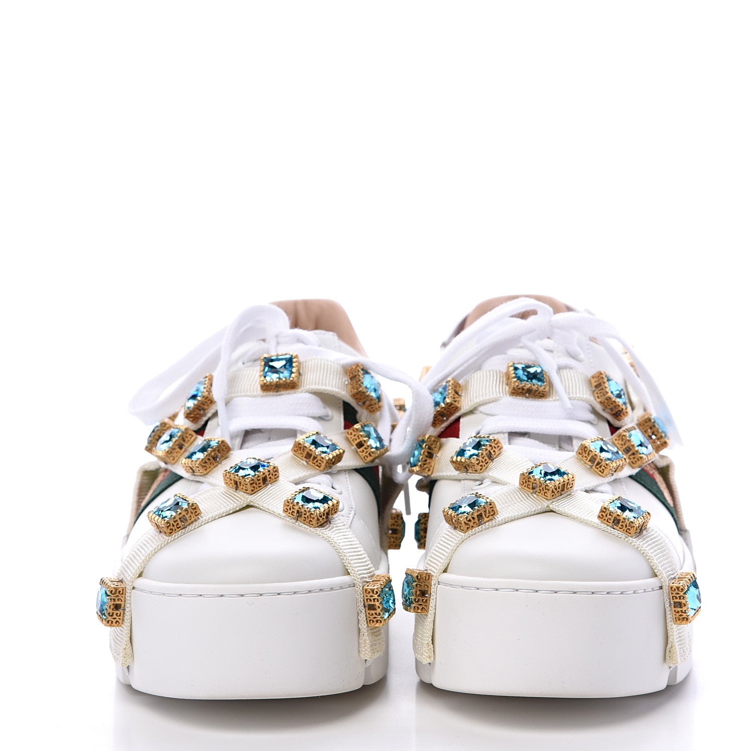 Gucci Calfskin Removable Crystals Bee Embroidered Womens Ace Platform Sneakers 39 White 2 of 8