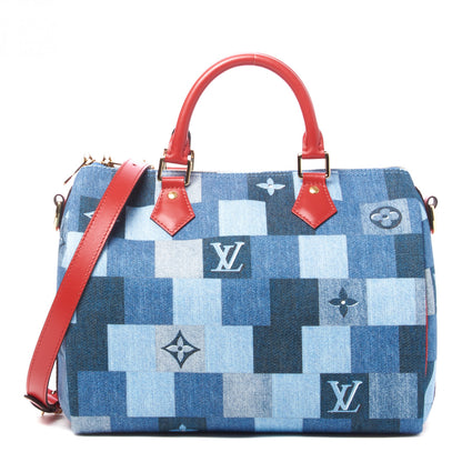 Louis Vuitton Denim Damier Monogram Patchwork Speedy Bandouliere 30 Blue Rouge 1 of 9