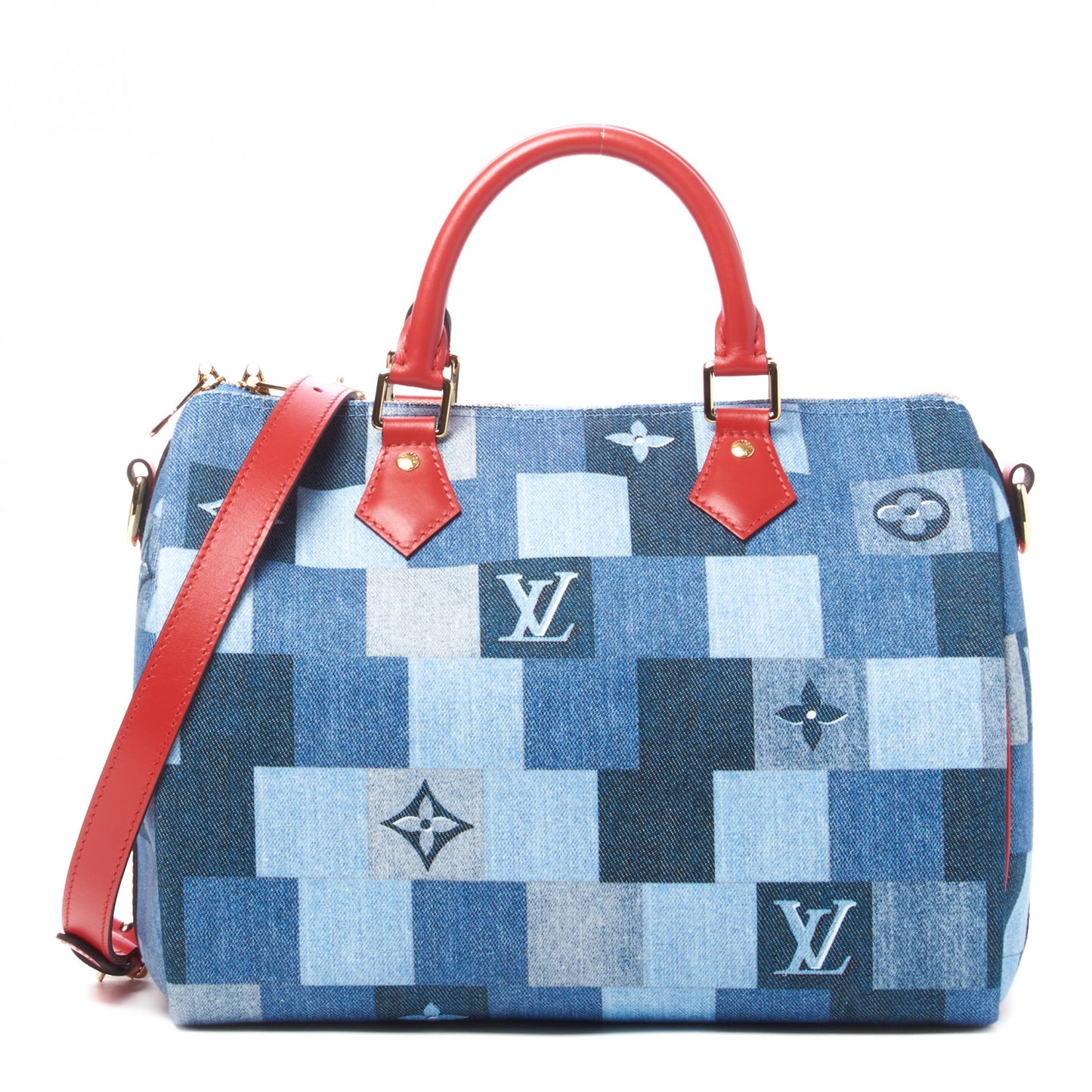 Denim Damier Monogram Patchwork Speedy Bandouliere 30 Blue Rouge
