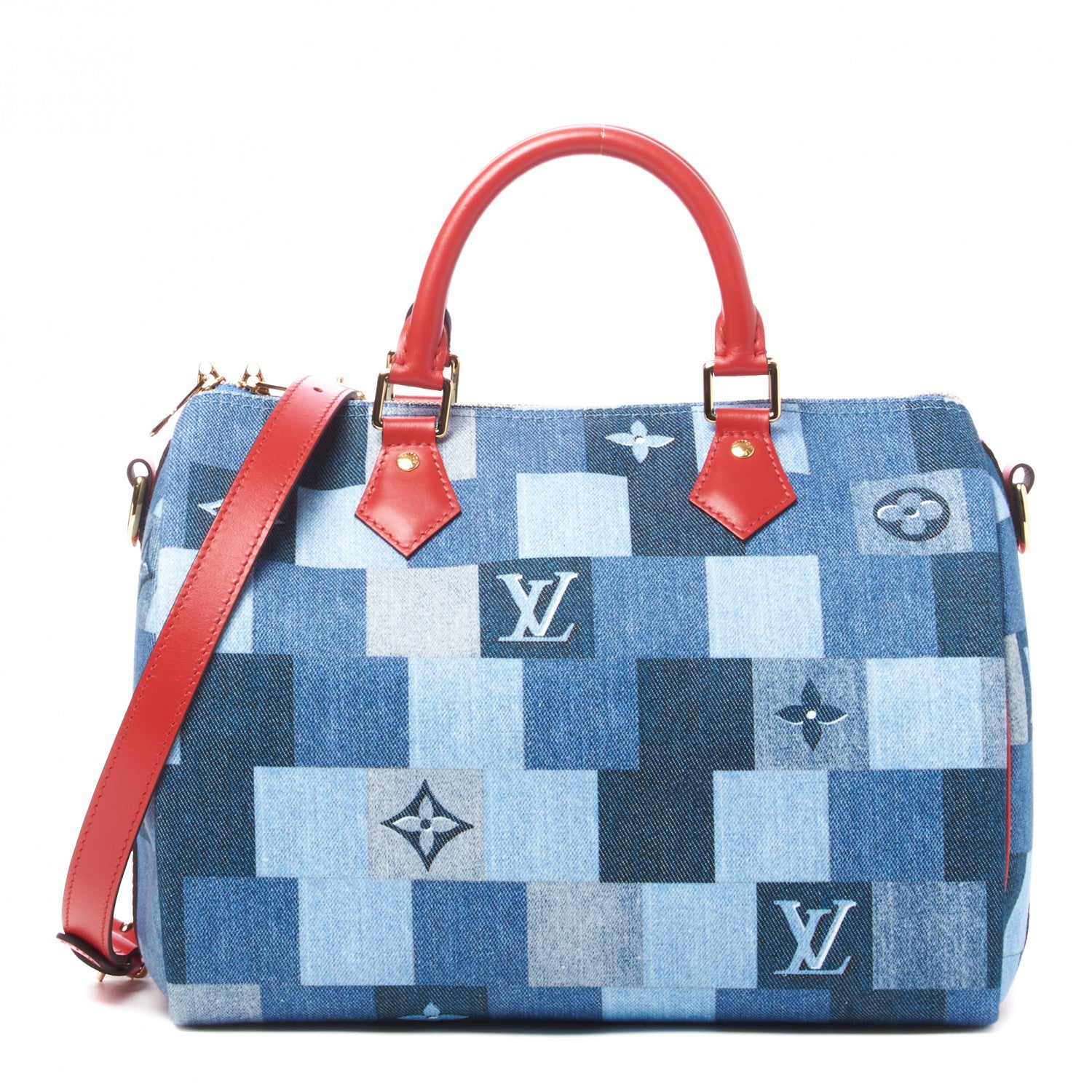 Louis Vuitton Denim Damier Monogram Patchwork Speedy Bandouliere 30 Blue Rouge 1 of 9