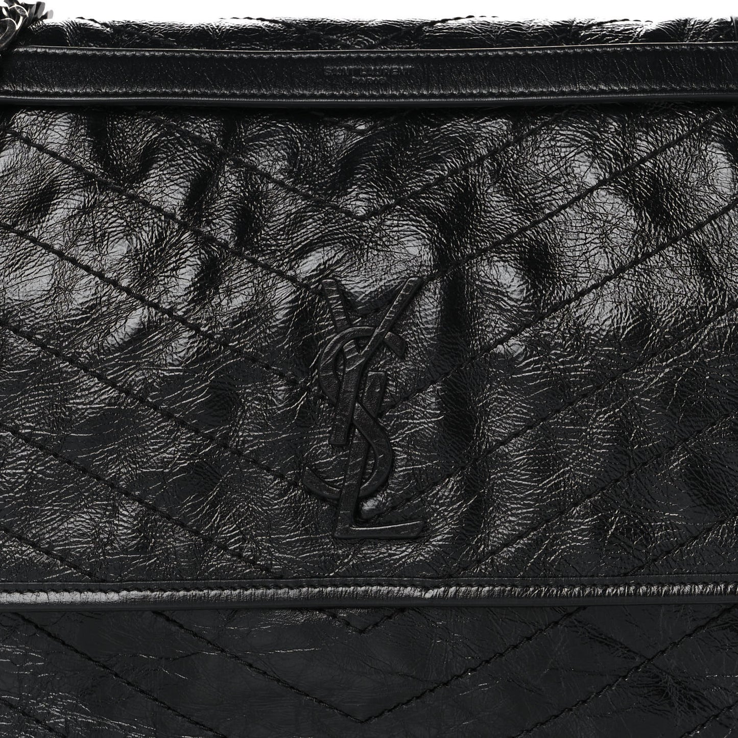 Crinkled Calfskin Matelasse Monogram Large Niki Chain Satchel Black