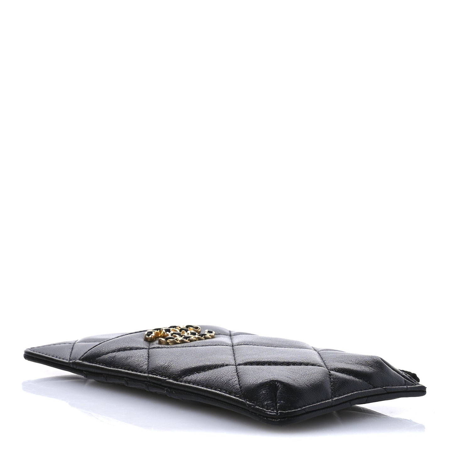Shiny Goatskin Quilted Chanel 19 Flat Wallet Pouch Black