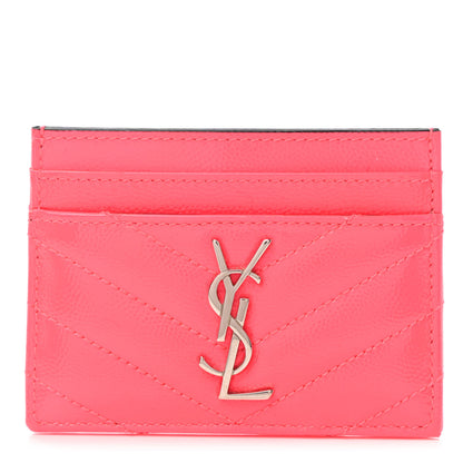 Saint Laurent Grain De Poudre Matelasse Chevron Monogram Credit Card Case Neon Pink 1 of 7